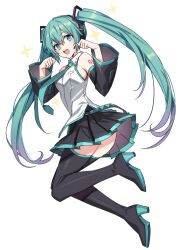 1girl :d absurdres aqua_eyes aqua_hair aqua_necktie aqua_trim arm_tattoo armpit_crease black_boots black_sleeves boots breast_pocket breasts collared_shirt commentary detached_sleeves floating full_body hair_between_eyes hair_ornament hands_up hatsune_miku headset highres long_hair looking_at_viewer microphone necktie number_tattoo open_mouth paw_pose pikkard_(user_dvjw5784) pleated_skirt pocket shirt sidelocks simple_background skirt sleeveless sleeveless_shirt small_breasts smile solo sparkle tattoo teeth thigh_boots thighhighs twintails untucked_shirt upper_teeth_only very_long_hair vocaloid white_background white_shirt wide_sleeves zettai_ryouiki