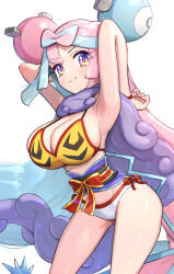 1girl absurdres animal_print armpits arms_up bikini blue_hair blush bow-shaped_hair breasts character_hair_ornament cleavage closed_mouth gonzarez hair_ornament highres iono_(pokemon) iono_(sygna_suit)_(pokemon) long_hair looking_at_viewer midriff multicolored_hair navel nintendo pink_hair pokemon pokemon_masters_ex purple_eyes sash sidelocks smile solo swimsuit two-tone_hair white_bikini yellow_bikini