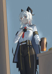 1girl absurdres armband bell_(only-id_228) black_armband black_gloves black_horns black_jacket black_pants black_tail can chest_harness cowboy_shot curled_horns demon_tail drink_can gloves hair_between_eyes harness highres holding holding_can horns jacket jacket_on_shoulders looking_at_viewer multicolored_hair necktie pants red_eyes red_necktie shirt shirt_tucked_in solo streaked_hair tail white_hair white_shirt wuthering_waves zani_(wuthering_waves)