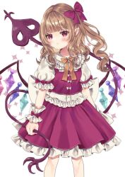1girl blonde_hair blush bow bowtie closed_mouth commentary crystal_wings feet_out_of_frame flandre_scarlet frilled_shirt frilled_skirt frilled_sleeves frilled_wrist_cuffs frills hair_bow jaku_sono laevatein_(touhou) looking_at_viewer medium_hair multicolored_wings no_headwear one_side_up pointy_ears puffy_short_sleeves puffy_sleeves red_bow red_eyes red_skirt red_vest shirt short_sleeves signature skirt solo standing touhou vest white_background white_shirt wings wrist_cuffs yellow_bow yellow_bowtie