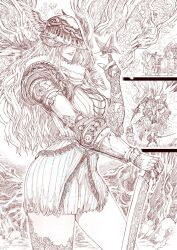 1girl amputee armor covered_eyes elden_ring gloves helmet helmet_over_eyes highres jun_wu_mo long_hair malenia_blade_of_miquella mechanical_arms open_mouth prosthesis prosthetic_arm prosthetic_leg single_mechanical_arm smile solo sword thick_thighs thighs weapon winged_helmet