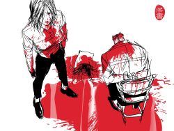 1boy 1girl bag blood blood_on_clothes blood_on_face bound bound_arms capybeondegi chair commentary death full_body guro highres long_hair murder original pool_of_blood red_eyes severed_head simple_background sitting standing symbol-only_commentary white_background