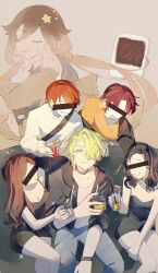 3boys 3girls black_dress black_necktie blonde_hair blue_eyes brown_cardigan brown_hair cardigan censored censored_identity closed_eyes collared_shirt cup degrees_of_lewdity dress drinking_glass eyebrow_piercing face_piercing hair_ornament hair_over_one_eye highres holding holding_cup long_hair multiple_boys multiple_girls necktie nora_(you_niao) open_cardigan open_clothes orange_hair orange_shirt piercing player_character_(degrees_of_lewdity) player_character_(female)_(degrees_of_lewdity) shirt short_hair shot_glass smile star_(symbol) star_hair_ornament strapless strapless_dress sweater white_shirt white_sweater whitney_(degrees_of_lewdity) whitney_(male)_(degrees_of_lewdity) you_niao