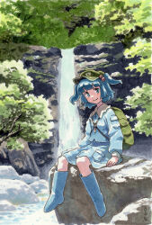 1girl backpack bag blue_boots blue_eyes blue_hair blue_skirt blunt_bangs blunt_sidelocks blush boots newsboy_cap collared_shirt commentary_request dot_nose eyebrows_hidden_by_hair green_bag green_hat hair_bobbles hair_ornament hat highres jewelry kawashiro_nitori key key_necklace long_sleeves looking_at_viewer medium_skirt necklace pocket rubber_boots shiratama_(hockey) shirt short_hair sidelocks skirt skirt_set smile solo touhou traditional_media two_side_up