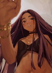 1girl black_choker black_shirt blush bracelet breasts brown_hair choker crop_top dark-skinned_female dark_skin demi_(nashidrop) gold_bracelet gold_necklace highres incoming_headpat jewelry long_hair looking_at_viewer nashidrop navel necklace original parted_lips pov pov_adoring shirt small_breasts solo stomach