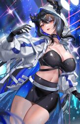 Rule 34 | 1girl, absurdres, alternate costume, asymmetrical bangs, asymmetrical horns, black choker, black gloves, black hair, black skirt, black tube top, blue hair, breasts, choker, cleavage, colored inner hair, commentary, cropped jacket, demon horns, flower, gloves, hanh chu, highres, hololive, hololive english, hood, hood up, hooded jacket, horn flower, horns, jacket, large breasts, light blush, long hair, long sleeves, looking at viewer, midriff, miniskirt, mole, mole under eye, multicolored hair, navel, nerissa ravencroft, open clothes, open jacket, open mouth, pencil skirt, red eyes, skirt, smile, solo, strapless, tube top, two-tone hair, uneven horns, very long hair, virtual youtuber, white jacket