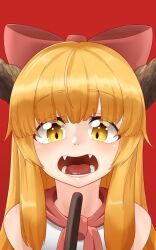 1girl blunt_bangs blush bow bowtie brown_horns commentary_request fangs food hair_bow highres horns ibuki_suika kurohiba long_hair looking_at_viewer open_mouth orange_hair pocky pocky_day red_bow red_bowtie sidelocks simple_background solo teeth textless_version tongue touhou upper_body variant_set yellow_eyes