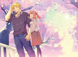 1boy 1girl ;) alternate_costume black_eyes black_pantyhose black_sweater blonde_hair blue_pants braid brown_skirt casual cherry_blossoms chidouin_sara collared_shirt dango day falling_petals feet_out_of_frame flower food food_in_mouth grey_shirt grey_sweater half_up_braid hand_on_own_head hand_up height_difference highres holding holding_food kimi_ga_shine lens_flare long_hair long_sleeves looking_at_another looking_up m_96_1 one_eye_closed open_collar orange_hair pants pantyhose patterned_clothing petal_on_head petals pink_flower purple_eyes sanpaku sanshoku_dango shinogi_keiji shirt short_bangs short_hair single_sidelock skirt sleeves_rolled_up smile standing stifled_laugh sun sweater tree turtleneck turtleneck_sweater wagashi wispy_bangs