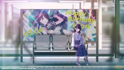 1girl ad black_hair blurry blurry_background dated full_body game_cg happy_birthday highres idol idolmaster idolmaster_shiny_colors kazano_hiori looking_at_viewer official_art outdoors seat sitting solo solo_focus train_station