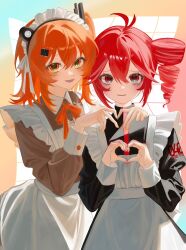 2girls a.i._voice adachi_rei adapted_costume alternate_costume antenna_hair apron black_dress blue_background blush bow bowtie collared_dress cowboy_shot dress enmaided grey_dress hair_between_eyes hair_ribbon headphones heart heart_hands highres kasane_teto kasane_teto_(utau) looking_at_viewer maid multiple_girls open_mouth orange_background orange_bow orange_bowtie orange_eyes orange_hair radio_antenna ravukurahuto_2d red_background red_eyes red_hair ribbon side_ponytail utau white_apron white_background white_ribbon wing_collar