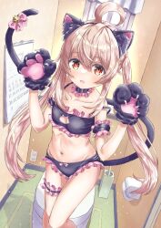 1girl ahoge animal_ear_fluff animal_ears animal_hands bell black_bra black_choker black_hairband black_panties blonde_hair blush bow bow_panties bra breasts cat_ears cat_lingerie cat_tail choker cleavage cleavage_cutout clothing_cutout collarbone fake_animal_ears floating_hair frilled_bra frilled_choker frilled_panties frills gloves hair_between_eyes hairband highres indoors long_hair looking_at_viewer meme_attire navel onii-chan_wa_oshimai! open_mouth oyama_mahiro panties paw_gloves pink_bow qussie red_eyes small_breasts solo standing tail tail_bell tail_bow tail_ornament thigh_gap thigh_strap toilet twintails underwear underwear_only very_long_hair