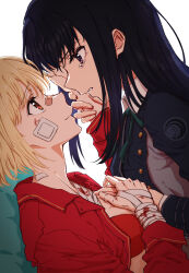 2girls absurdres bandage_on_face bandaged_hand bandages bandaid bandaid_on_face bandaid_on_neck bandaid_on_nose black_hair blood bra closed_mouth commentary english_commentary eye_contact hand_on_another&#039;s_face highres himmel_(keine_haare) holding_another&#039;s_wrist holding_hands inoue_takina long_hair looking_at_another lycoris_recoil lycoris_uniform multiple_girls nishikigi_chisato parted_lips purple_eyes red_bra red_eyes red_shirt shirt simple_background smile tears underwear white_background yuri