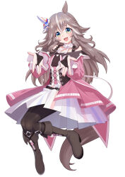 1girl absurdres animal_ears blue_eyes blush boots breasts collarbone commentary_request freely2327 full_body grey_hair hair_between_eyes hair_ornament highres horse_ears horse_girl horse_tail long_hair looking_at_viewer pantyhose simple_background solo tail thick_eyebrows umamusume wonder_acute_(umamusume)