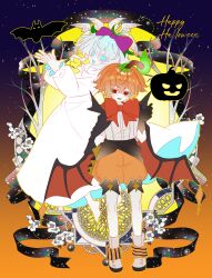 1boy 1girl :d absurdres ankle_boots arm_behind_back bare_tree barefoot bat_(animal) black_gloves black_ribbon blue_background blue_eyes blue_hair blue_tongue boots bow bowtie breasts child chinese_commentary colored_eyelashes colored_sclera colored_tongue commentary_request crossed_bangs demon_wings double-parted_bangs dress film_grain fire flipped_hair floating frilled_sleeves frills full_body ghost_pepper_(plants_vs_zombies) gloves gradient_background green_fire green_sclera grey_boots hair_between_eyes hair_bow hand_up hands_up happy_halloween highres jack_o&#039;_lantern_(plants_vs._zombies) long_dress long_sleeves looking_at_viewer medium_breasts no_pupils open_mouth orange_background orange_bow orange_bowtie orange_hair orange_shorts orange_wings outline pantyhose personification plants_vs._zombies plants_vs._zombies_2 puffy_long_sleeves puffy_shorts puffy_sleeves pumpkin purple_bow purple_bowtie red_eyes ribbon shirt short_hair short_sleeves shorts siiiiiiiiiii simple_background slit_pupils smile standing tree two-sided_dress two-sided_fabric two-sided_sleeves white_dress white_eyelashes white_pantyhose white_shirt white_wings wings yellow_outline