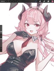 1girl animal_ears bare_arms bare_shoulders belt bernina_(stella_sora) black_gloves black_hairband black_leotard breasts cleavage demon_horns detached_collar fake_animal_ears fang gloves hairband hand_up hands_up highres horns large_breasts leotard long_hair looking_at_viewer multiple_belts necktie open_mouth pink_hair playboy_bunny rabbit_ears red_eyes red_necktie short_necktie smile solo soybean_(hisoybean) stella_sora strapless strapless_leotard unfinished