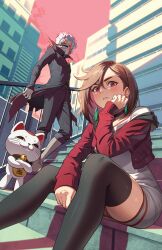 Rule 34 | 1boy, 2girls, ayase momo, black choker, black jacket, black pants, black thighhighs, blush, brown eyes, brown hair, building, cat, choker, commentary, cropped jacket, crossed arms, dandadan, dress, earrings, elbow rest, english commentary, facial mark, feet out of frame, fur-trimmed jacket, fur trim, gakuran, glasses, hair behind ear, hair between eyes, jacket, jewelry, kaijuicery, long sleeves, looking at viewer, multiple girls, official alternate costume, open clothes, open jacket, outdoors, pants, pants rolled up, pink sky, red eyes, red jacket, round eyewear, school uniform, short hair, sitting, sitting on stairs, sky, sleeves past wrists, stairs, standing, takakura ken (dandadan), takakura ken (transformed) (dandadan), thighhighs, transformation, turbo granny (dandadan), white dress, white hair