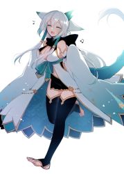 Rule 34 | 1girl, asymmetrical horns, black thighhighs, blush, breasts, cleavage, closed eyes, detached sleeves, dragon tail, hair tubes, horns, konshin, large breasts, open mouth, orie mihane, original, solo, tail, thighhighs, white background, white hair