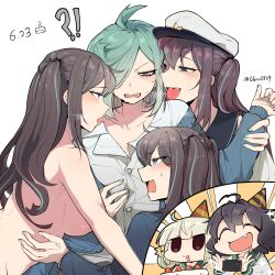 !? 6+girls akoya_matama anemo_nemo anger_vein araga_kiwi birthday_cake black_hair blonde_hair blue_eyes blue_hair blue_nails blush brown_hair cake clone_harem commentary dated fang food girl_sandwich green_hair guagua977 hair_over_one_eye hat highres hiiragi_utena licking_shoulder loco_musica long_hair mahou_shoujo_ni_akogarete multicolored_hair multiple_girls nipples nude open_mouth party_hat purple_eyes sandwiched sharp_teeth shirt simple_background skin_fang smile streaked_hair sweat symbol-only_commentary teeth tongue tongue_out twintails twitter_username white_background white_shirt yuri
