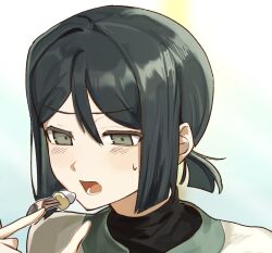 1boy black_hair blush eating fate/zero fate_(series) fork grey_eyes hair_between_eyes holding holding_fork imminent_bite looking_ahead lower_teeth_only male_focus ponytail portrait short_hair short_ponytail solo sweatdrop teeth tokoni_fusu waver_velvet white_background