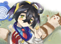 1boy black_hair blue_shirt blush closed_eyes collared_shirt commentary_request crossed_bangs flying_sweatdrops fnsy_c1c food furret gen_1_pokemon gen_2_pokemon gloves grass hair_between_eyes hairband holding holding_food jacket kieran_(pokemon) long_sleeves looking_at_viewer lying male_focus mole mole_on_neck nintendo open_mouth pokemon pokemon_(creature) pokemon_sv poliwhirl purple_hair red_gloves shirt single_glove upper_body white_jacket yellow_eyes yellow_hairband