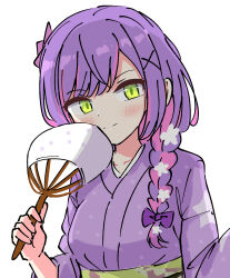 Rule 34 | 1girl, absurdres, artist request, blush, braid, closed mouth, colored inner hair, flower, green eyes, hair flower, hair ornament, hand fan, highres, holding, holding fan, hololive, holonatsu paradise, japanese clothes, kimono, looking at viewer, multicolored hair, obi, oekaki, official alternate costume, paper fan, purple hair, purple kimono, sash, simple background, single braid, smile, solo, streaked hair, tokoyami towa, tokoyami towa (holonatsu paradise), uchiwa, upper body, virtual youtuber, white background, x hair ornament, yukata