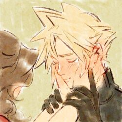 1boy 1girl aerith_gainsborough black_gloves blonde_hair blush brown_hair closed_eyes cloud_strife couple crying earrings final_fantasy final_fantasy_vii final_fantasy_vii_rebirth final_fantasy_vii_remake gloves hands_on_another&#039;s_cheeks hands_on_another&#039;s_face hetero highres holding_another&#039;s_wrist jacket jewelry long_hair mmariesr parted_bangs red_jacket short_hair sidelocks single_earring sketch spiked_hair tears turtleneck wavy_hair yellow_background