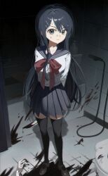 1girl absurdres bathtub black_hair black_sailor_collar black_thighhighs blood bow bowtie breasts brown_shoes chama_(chacoc0) corpse danganronpa:_trigger_happy_havoc danganronpa_(series) hair_ornament hairclip highres holding holding_knife indoors knife large_breasts long_hair long_sleeves maizono_sayaka miniskirt pleated_skirt red_bow red_bowtie sailor_collar school_uniform shoes skirt smile solo_focus sweat thighhighs