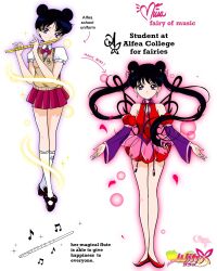 Rule 34 | 1990s (style), 1girl, adapted costume, animal print, animification, arrow (symbol), asian, bare arms, bishoujo senshi sailor moon, black bow, black hair, black shoes, bow, bowtie, breast pocket, brown vest, bubble skirt, butterfly print, closed mouth, collared shirt, crest, cross-laced clothes, cross-laced dress, crossed ankles, detached sleeves, dot nose, double bun, dress, earrings, fairy, faux retro artstyle, floating hair, flute, footwear bow, full body, hair bun, hair ornament, hairpin, highres, honeymoonpetal, instrument, jewelry, kneehighs, knees, layered sleeves, light particles, long hair, long sleeves, magical girl, mary janes, miniskirt, musa (winx club), music, musical note, musical note earrings, neck ribbon, outline, parody, parted bangs, partially colored, petals, pink bow, pink bowtie, pink outline, pink skirt, playing flute, playing instrument, pleated skirt, pocket, puffy short sleeves, puffy sleeves, purple eyes, purple outline, purple ribbon, purple sleeves, red dress, red sleeves, reference sheet, retro artstyle, ribbon, school uniform, shirt, shoes, short dress, short hair, short over long sleeves, short sleeves, simple background, skirt, sleeveless, sleeveless dress, smile, socks, sparkle, standing, style parody, sweater vest, traditional bowtie, variations, very long hair, vest, white background, white shirt, white socks, wide sleeves, winx club