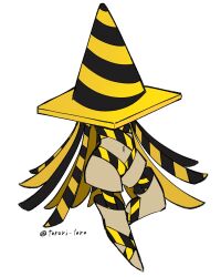 1girl artist_name black_hair black_stripes blonde_hair full_body hazard_stripes highres long_hair multicolored_hair navel original personification simple_background solo standing standing_on_one_leg striped_hair torori_toro_(oimo_kenpi) traffic_cone twitter_username two-tone_hair very_long_hair white_background wide_hips yellow_stripes