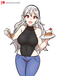 1girl absurdres alternate_costume black_hairband black_leotard breasts cake corrin_(female)_(fire_emblem) fire_emblem fire_emblem_fates food grey_hair hair_between_eyes hairband hayato_stuff highres large_breasts leotard long_hair looking_at_viewer nintendo open_mouth pointy_ears red_eyes smile solo