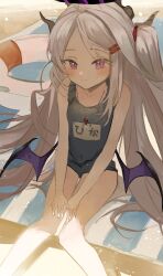 1girl absurdres ahoge axleaki beach black_halo blue_archive breasts day demon_girl demon_horns demon_wings halo highres hina_(blue_archive) hina_(swimsuit)_(blue_archive) horns long_hair old_school_swimsuit outdoors school_swimsuit sitting small_breasts solo swimsuit white_hair wings