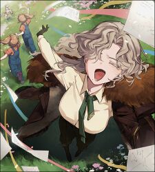 3girls arm_out_of_sleeve black_boots black_gloves blue_overalls boots brown_coat brown_hair closed_eyes coat collared_shirt darley_clatter facing_viewer flower flying_paper from_above fur-trimmed_coat fur_trim gloves grass green_necktie green_pants grey_hair hair_ornament hair_over_one_eye hair_scrunchie holding_hands long_hair multiple_girls necktie one_eye_covered open_mouth orange_scrunchie orange_shirt outstretched_arms overalls pants paper pink_flower reverse:1999 running scrunchie shirt short_sleeves side_ponytail solo_focus spread_arms standing susii toy_horse twins_sleep wavy_hair white_flower white_shirt windsong_(reverse:1999)