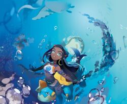 1girl absurdres air_bubble arrokuda artist_request black_hair blue_eyes blue_hair bubble closed_mouth crop_top dark-skinned_female dark_skin drednaw eyelashes gen_1_pokemon gen_2_pokemon gen_3_pokemon gen_7_pokemon gen_8_pokemon goldeen highres long_hair mantine midriff milotic multicolored_hair nessa_(pokemon) nintendo official_art pokemon pokemon_(creature) pokemon_swsh pokemon_tcg remoraid shorts sleeveless smile swimming third-party_source two-tone_hair underwater wishiwashi wishiwashi_(solo)