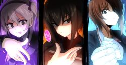 Rule 34 | 3girls, absurdres, aikir (jml5160), black jacket, black ribbon, blowing kiss, blue background, blue jacket, breast pocket, brown eyes, brown hair, clenched hands, close-up, girls und panzer, gloves, green shirt, green undershirt, grey hair, hair between eyes, hair ribbon, half-closed eyes, heart, highres, jacket, jujutsu kaisen, kuromorimine military uniform, long hair, long sleeves, looking at viewer, meme, military, military uniform, multiple girls, necktie, nishizumi maho, nishizumi miho, one side up, ooarai military uniform, open mouth, orange background, pocket, puckered lips, purple background, red shirt, ribbon, seductive gaze, selection university military uniform, shimada arisu, shirt, short hair, smile, sparkle, sparkling aura, teeth, tongue, tongue out, white gloves, white shirt