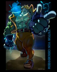 1boy 1girl abs absurdres artist_name bara bare_pectorals belt blonde_hair blue_skin brown_pants character_name closed_mouth colored_skin commentary darkstalkers dated dreaminerryday electricity emily_(darkstalkers) english_commentary fingerless_gloves frown full_body furry ghost gloves green_jacket headband highres jacket large_pectorals looking_at_viewer male_focus muscular navel nipples open_clothes open_jacket pants pectorals pointing pointing_at_viewer scar scar_on_chest short_hair smile spiked_hair spirit stitches stomach thick_thighs thighs victor_von_gerdenheim