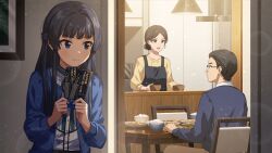 1boy 2girls black_hair blue_eyes blue_hair bowl chair food game_cg glasses holding idolmaster idolmaster_million_live! idolmaster_million_live!_theater_days jacket mogami_shizuka multiple_girls official_art open_mouth picture_frame plate profile table