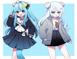 Rule 34 | 2girls, :d, absurdres, black ribbon, black shirt, black skirt, blue background, blue eyes, blue hair, blue pantyhose, blunt bangs, blush, border, borrowed character, bright pupils, commentary request, commission, crescent, crescent hair ornament, double bun, feet out of frame, grey jacket, grid background, hair bun, hair ornament, hair ribbon, hand up, highres, jacket, long hair, long sleeves, looking at viewer, multicolored hair, multiple girls, neckerchief, open clothes, open jacket, open mouth, original, outline, outside border, pantyhose, pink hair, pleated skirt, print shirt, red eyes, ribbon, sailor collar, school uniform, serafuku, shirt, single leg pantyhose, skeb commission, skirt, smile, standing, streaked hair, two side up, white border, white hair, white neckerchief, white outline, white pupils, white ribbon, white sailor collar, white shirt, x hair ornament, you (noanoamoemoe)