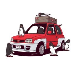 animal bird box car commentary english_commentary flock fragile_symbol jestami license_plate motor_vehicle nissan nissan_micra no_humans penguin penguin_highway signature simple_background vehicle_focus white_background