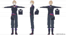 Rule 34 | 1boy, ahoge, belt, belt buckle, black boots, black pants, black shirt, blonde hair, blue eyes, boots, buckle, chest harness, closed mouth, commentary request, company name, copyright notice, ebira, facing away, fura kanato, fura kanato (1st costume), gold necklace, hair between eyes, harness, jewelry, long sleeves, looking at viewer, male focus, multicolored hair, multiple views, necklace, nijisanji, official art, orange hair, pants, pouch, profile, purple belt, reference sheet, second-party source, shirt, short hair, simple background, sleeves past wrists, split mouth, streaked hair, thigh pouch, thigh strap, turtleneck, virtual youtuber, white background