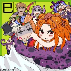 2boys 3girls angry artist_request axe bandana blue_hair blush bow_(weapon) brown_hair cape cheek_poking commentary_request constriction final_fantasy final_fantasy_ii firion green_background guy_(ff2) heart heart_tail lamia leila long_hair looking_at_viewer lowres maria_(ff2) monster_girl multiple_boys multiple_girls no_pupils o_o open_mouth orange_hair original pointing poking purple_hair reila smile tail translation_request v weapon white_hair