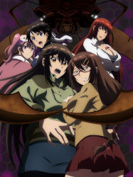 Rule 34 | 5girls, blazer, blue eyes, braid, breasts, brown eyes, brown hair, bug, cleavage, crossed arms, flower, giant insect, glasses, hair flower, hair ornament, hairclip, headband, highres, bug, jacket, jewelry, jinno misuzu, kyochuu rettou, lipstick, long hair, makeup, matsuoka ayumi, miniskirt, miura mami, multiple girls, naruse chitose, necklace, official art, open mouth, oribe mutsumi, oversized insect, pantyhose, pink eyes, pink hair, red eyes, red hair, school uniform, shirt, short hair, skirt, tomboy, twintails, white shirt