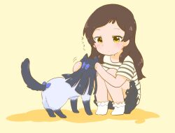 1girl animal animalization black_hair black_skirt blue_bow bow brown_eyes brown_hair cat half_updo hutaba idolmaster idolmaster_million_live! kitazawa_shiho long_hair mogami_shizuka petting shirt short_sleeves simple_background skirt socks squatting striped_clothes striped_shirt white_socks yellow_background