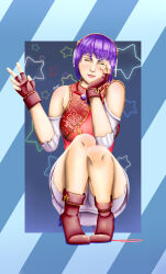 1girl asamiya_athena bike_shorts boots breasts closed_eyes dress female_focus gloves hairband heel_up large_breasts leather pale_skin purple_hair shoes short_hair skirt squatting star_(symbol) steniojrs the_king_of_fighters thick_thighs thighs wide_hips