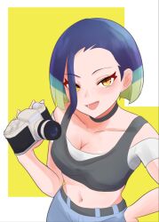 1girl bare_shoulders black_choker blue_hair bob_cut breasts brown_eyes camera choker cleavage collarbone crop_top denim gradient_hair grey_shirt half-closed_eyes hand_on_own_hip holding holding_camera jeans loose_hair_strand medium_breasts midriff multicolored_hair nintendo off-shoulder_shirt off_shoulder open_mouth pants perrin_(pokemon) pokemon pokemon_sv rkgk_ntt shirt short_hair sleeveless sleeveless_shirt solo undershirt upper_body v-neck