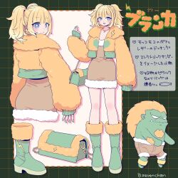 1boy 1girl anklet arm_hair artist_name blanka blanka_(cosplay) blonde_hair blue_eyes body_hair boots brown_dress brown_shorts character_name chest_hair closed_mouth collared_jacket colored_skin commentary cosplay cropped_jacket cropped_legs dress fish full_body fur-trimmed_boots fur-trimmed_dress fur_jacket fur_trim green_bag green_boots green_nails green_skin green_trim heart heart_print highres jacket jewelry lightning_bolt_print lightning_bolt_symbol long_hair looking_at_viewer looking_back medium_hair multiple_views nail_polish necklace open_mouth orange_hair orange_jacket pencil_dress print_jacket shira_neri shorts smile standing street_fighter teeth tight_clothes tight_dress translated twintails very_long_hair