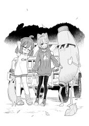 2girls :d ;d absurdres ahoge animal animal_ear_fluff animal_ears arm_behind_head arms_behind_head arms_up bag blush car cat_ears cat_girl cat_tail closed_eyes closed_mouth drawstring falling_leaves glasses greyscale hair_between_eyes hair_ornament hairclip highres holding holding_bag hood hood_down hoodie kuroinu_youhei leaf leggings long_sleeves monochrome motor_vehicle multiple_girls one_eye_closed open_mouth outdoors pants pantyhose pantyhose_under_shorts parted_lips plastic_bag puffy_long_sleeves puffy_sleeves rusk_(komado_booth) sandals shirt shoes short_eyebrows short_shorts short_sleeves shorts sleeveless sleeves_past_wrists smile sneakers socks standing sunglasses tail thick_eyebrows thumbs_up truck twintails usasaki_(vrchat) vrchat