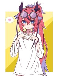 1girl absurdres blue_eyes blush bracelet closed_mouth cowboy_shot eyewear_on_head flat_chest gynoid_talk hair_between_eyes hair_ribbon heart heart_hands high_ponytail highres horns jewelry long_hair looking_at_viewer medium_hair meika_hime messy_hair multicolored_hair noir_(noire6959) ponytail purple_hair red_hair ribbon shirt sidelocks smile solo speech_bubble spoken_heart streaked_hair sunglasses thighs two-tone_hair very_long_hair vocaloid white_shirt yellow_background