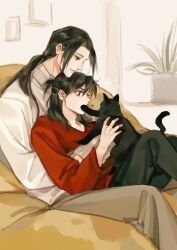 111218422 2boys absurdres alternate_costume alternate_universe animal animal_on_lap black_cat black_eyes black_hair brown_pants cat chinese_commentary contemporary couch dao_gui_yi_xian half_updo highres holding holding_animal holding_cat hug hug_from_behind indoors li_huowang long_hair long_sleeves looking_at_another low_ponytail male_focus multiple_boys on_couch on_lap pants plant ponytail potted_plant red_shirt shirt short_ponytail sitting sitting_on_lap sitting_on_person smile sweater white_sweater yaoi zhuge_yuan