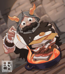 1boy beard blush bread brown_hair cooking discreetlydraw dungeon_meshi dutch_angle dwarf egg_(food) facial_hair fake_horns food helmet horned_helmet horns loaf_of_bread long_beard male_focus mustache sandwich senshi_(dungeon_meshi) solo sparkle sparkling_aura thick_mustache upper_body very_long_beard wok