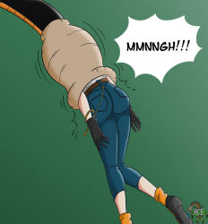 1boy 1girl absorbercell android_18 ass cell_(dragon_ball) dragonball_z gloves head_out_of_frame highres legs lower_body pants ryona speech_bubble struggling stuck tail thighs vore